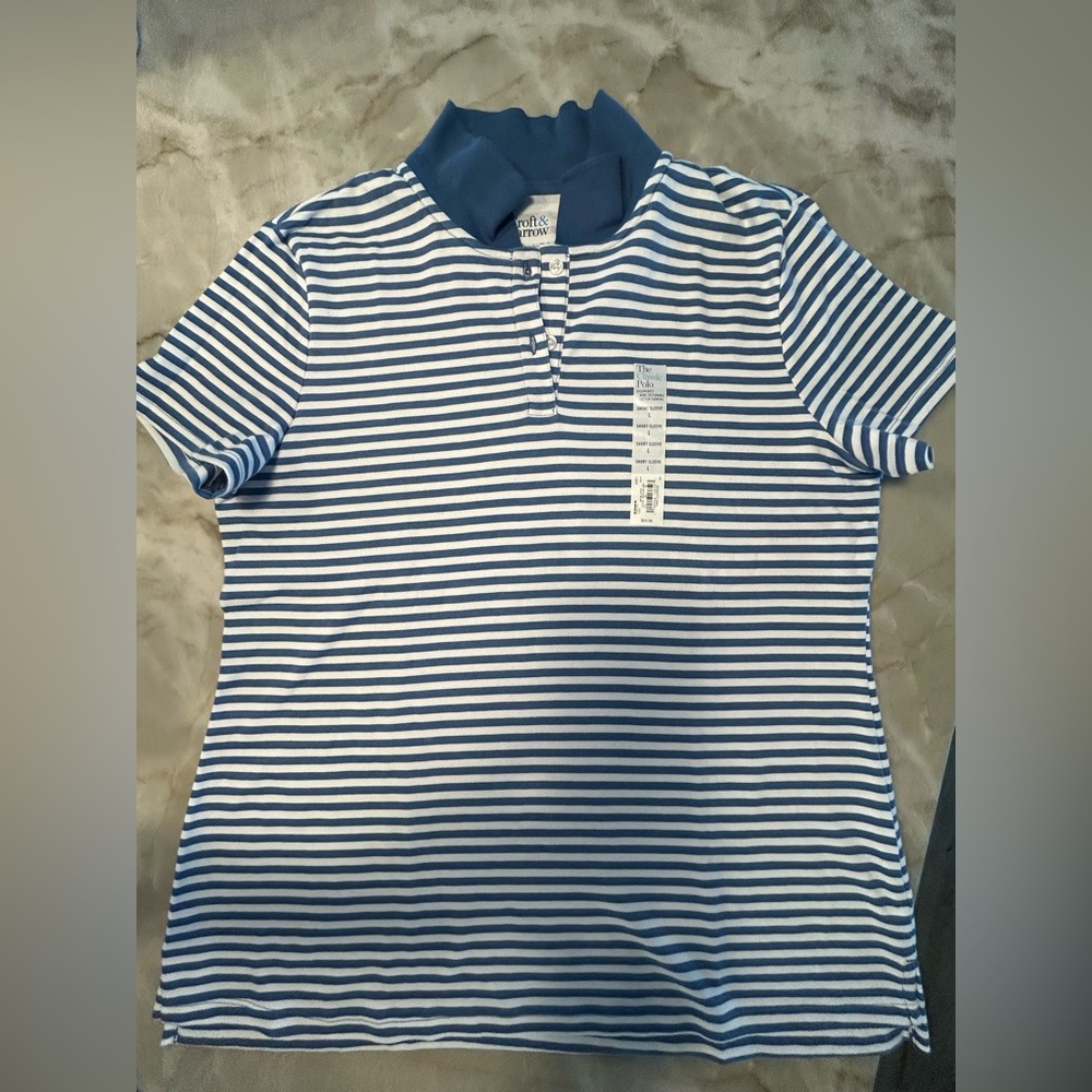 BNWT Croft & Barrow Medium Blue and White Striped Classic Polo Shirt